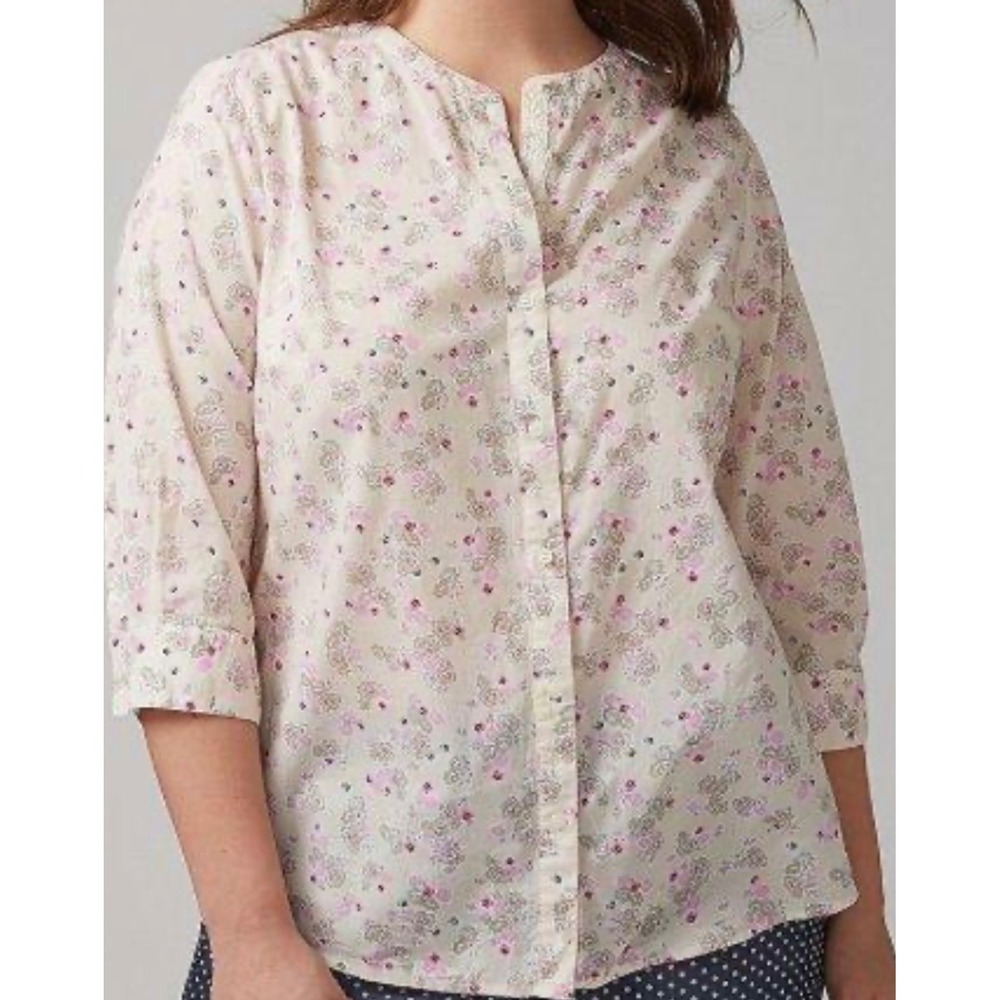 Lane‎ Bryant Womens Floral Cotton Button Down Blouse 3/4 Sleeve Cream Pink 26/28